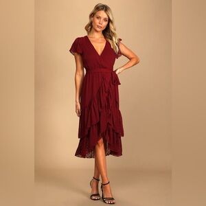 NWT Lulus Have Harmony Maroon Red Swiss Dot Ruffled Faux Wrap Midi Dress